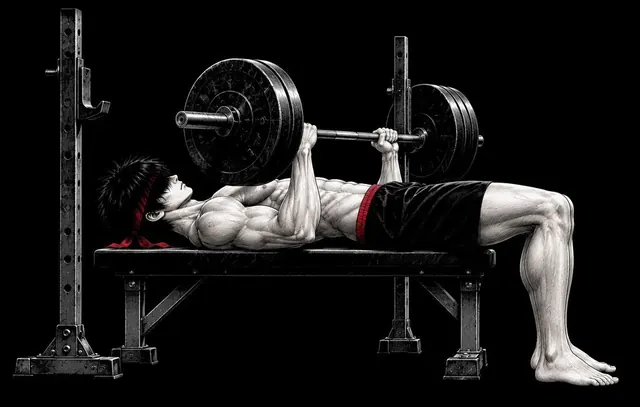 Ryu, the channel's manga character, lying on a flat bench between rack posts with the barbell lowered to his mid-chest