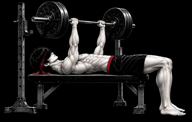 Ryu on a flat bench pressing the barbell up, arms straight above his shoulders