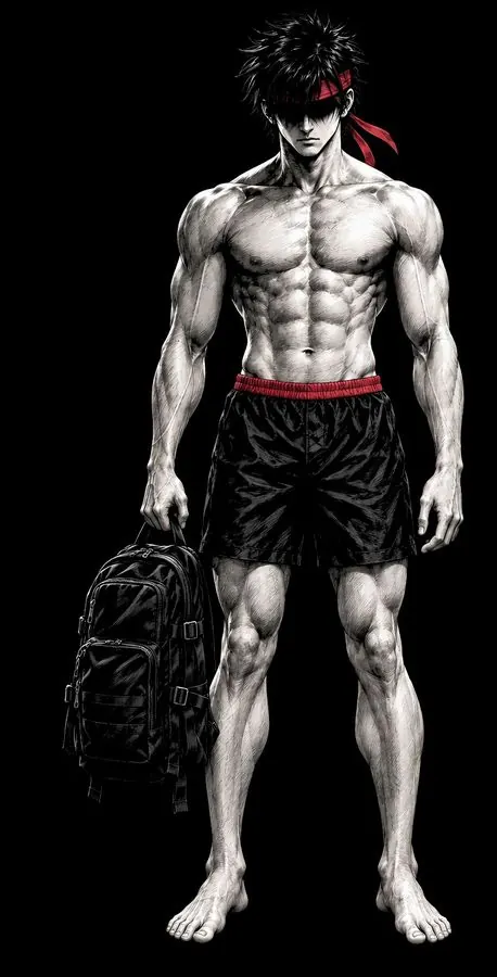 Ryu standing with dumbbells hanging, arms almost straight