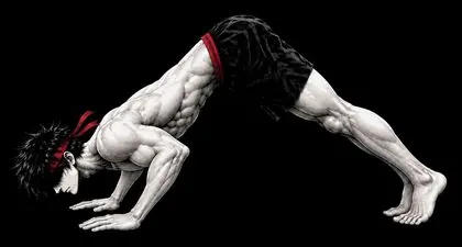 Ryu in a pike push-up, hips high, lowering his head toward the floor