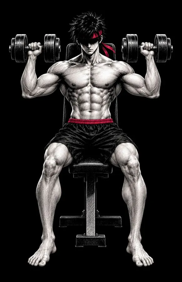 Ryu seated on a bench with a back pad, dumbbells at shoulder height