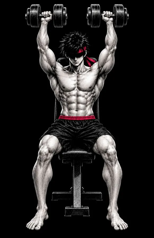 Ryu seated, pressing both dumbbells overhead