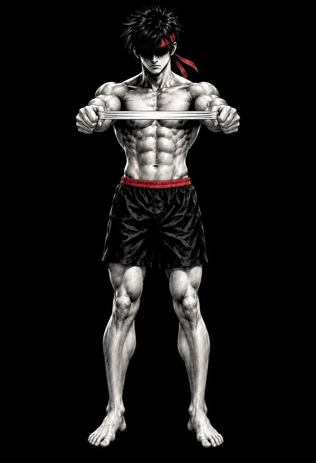 Ryu holding a resistance band in front of his chest with straight arms