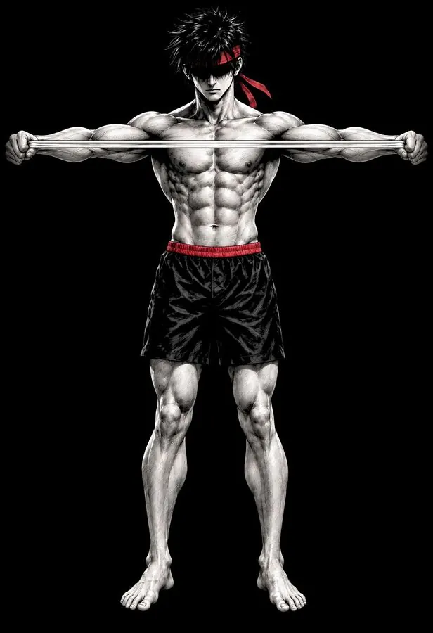 Ryu pulling the band apart to his chest, arms spread wide
