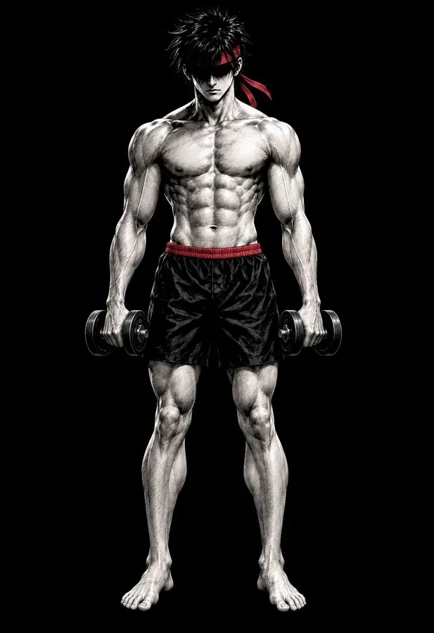 Ryu standing with a light dumbbell in each hand at his sides