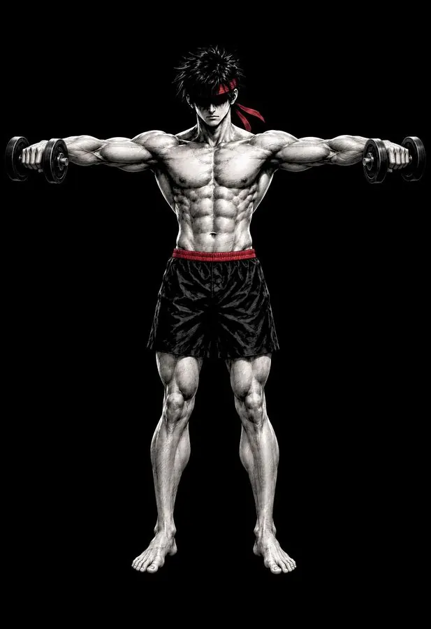 Ryu with both arms raised out to the sides at shoulder height, holding dumbbells