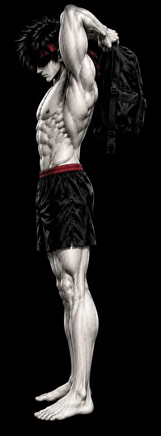 Ryu seen from the side with his elbows up, the weight lowered behind his head
