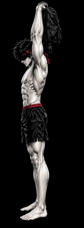 Ryu seen from the side with his arms straight overhead