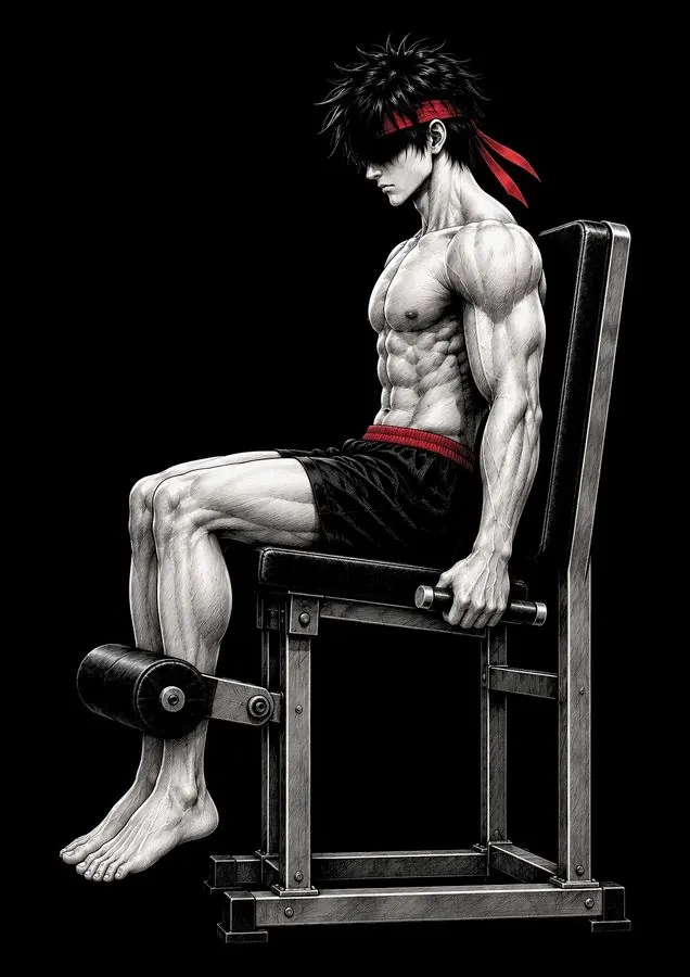 Ryu on a leg extension machine with his knees bent