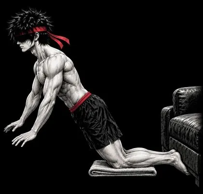 Ryu kneeling with his heels hooked under a couch, leaning forward in a Nordic curl