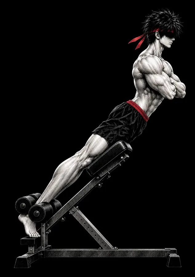 Ryu on a 45-degree hip extension bench, body in one straight line