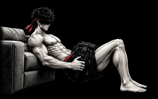 Ryu with his upper back against a couch, hips low, a weight on his hips
