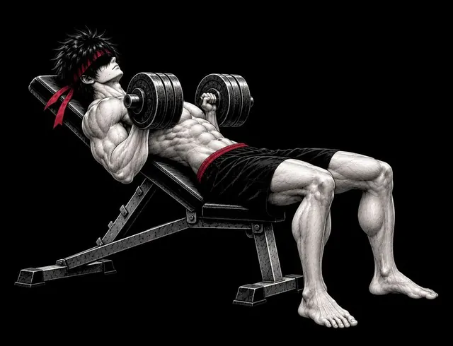 Ryu on a bench inclined about 30 degrees, dumbbells lowered beside his upper chest