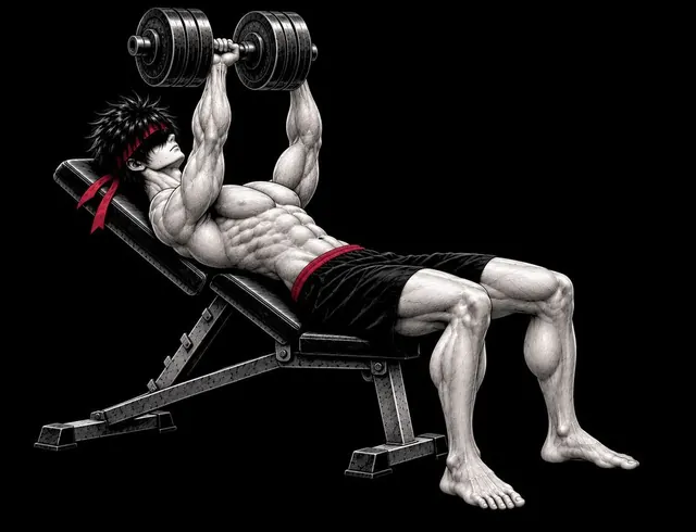 Ryu on an incline bench with both dumbbells pressed above his upper chest