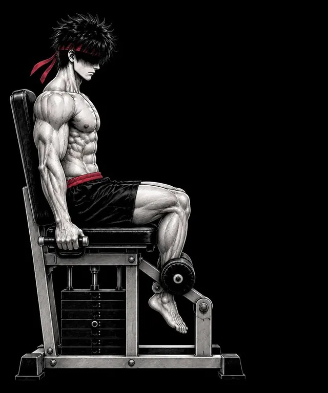 Ryu on the seated leg curl machine with his heels curled under the seat
