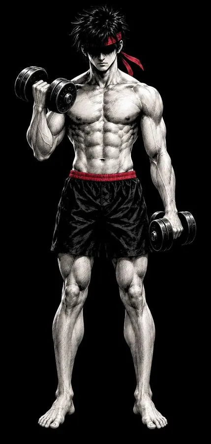 Ryu doing a hammer curl, palm facing in, dumbbell raised