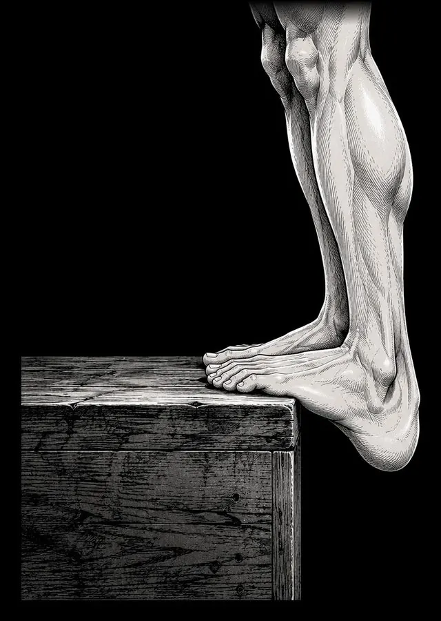 Close-up of a heel lowered below the edge of a step in a deep calf stretch