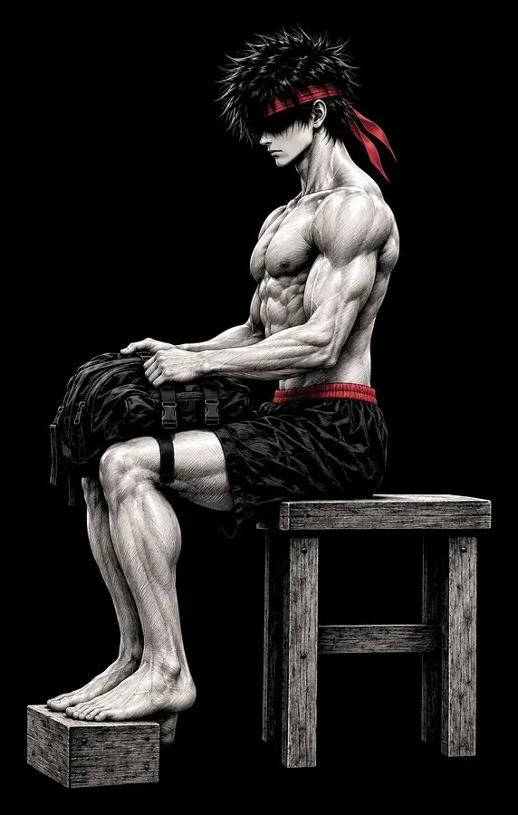 Ryu seated with a weight on his knees, heels lowered