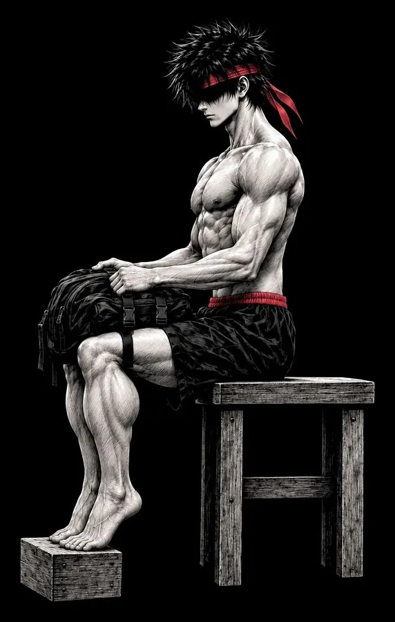 Ryu seated with a weight on his knees, heels raised