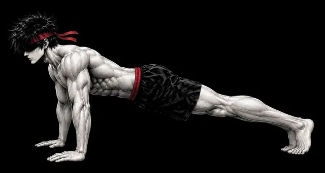Ryu at the top of a push-up, arms straight and body in one line