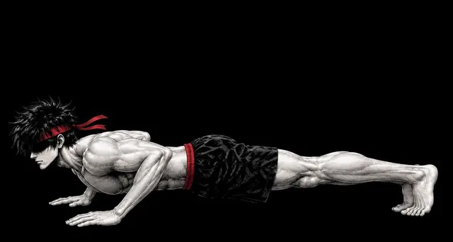 Ryu, the channel's manga character, at the bottom of a push-up, chest close to the floor