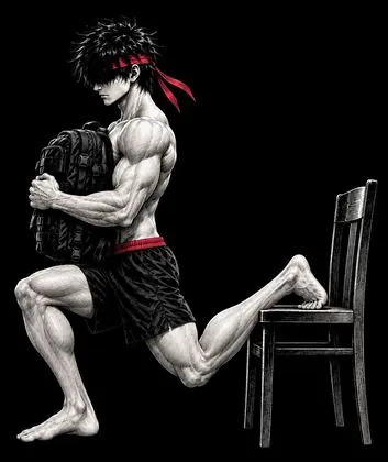 Ryu in a Bulgarian split squat, rear foot on a chair, hugging a backpack