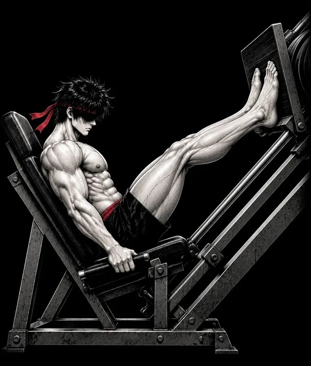 Ryu on the leg press with his legs pushed out, knees almost straight
