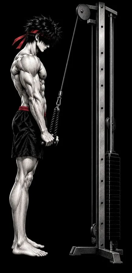 Ryu at a cable station pushing a rope down, elbows pinned to his sides