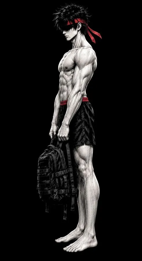 Ryu standing upright, holding a loaded bag in front of his thighs