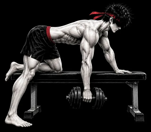 Ryu with one knee and one hand on a bench, the dumbbell hanging under his shoulder