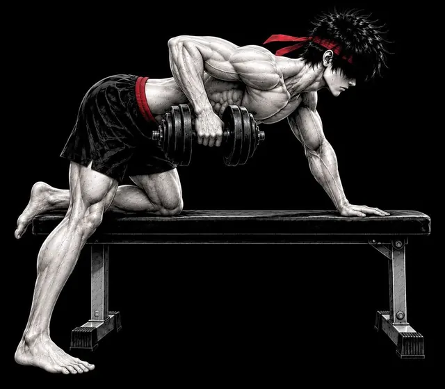 Ryu rowing the dumbbell up to his lower ribs, back flat
