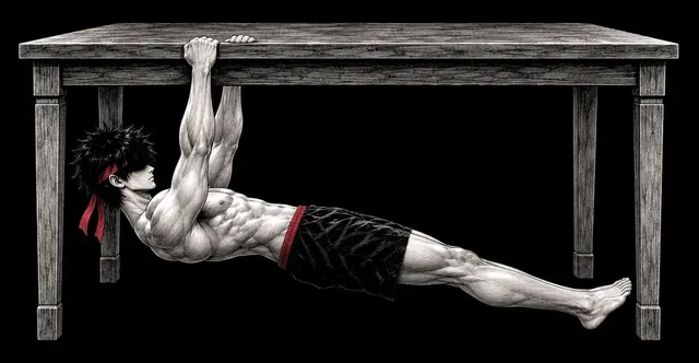 Ryu lying under a table, arms straight, body straight from heels to shoulders