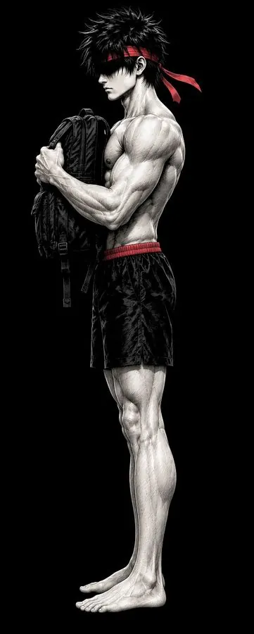 Ryu standing tall, holding a weight against his chest