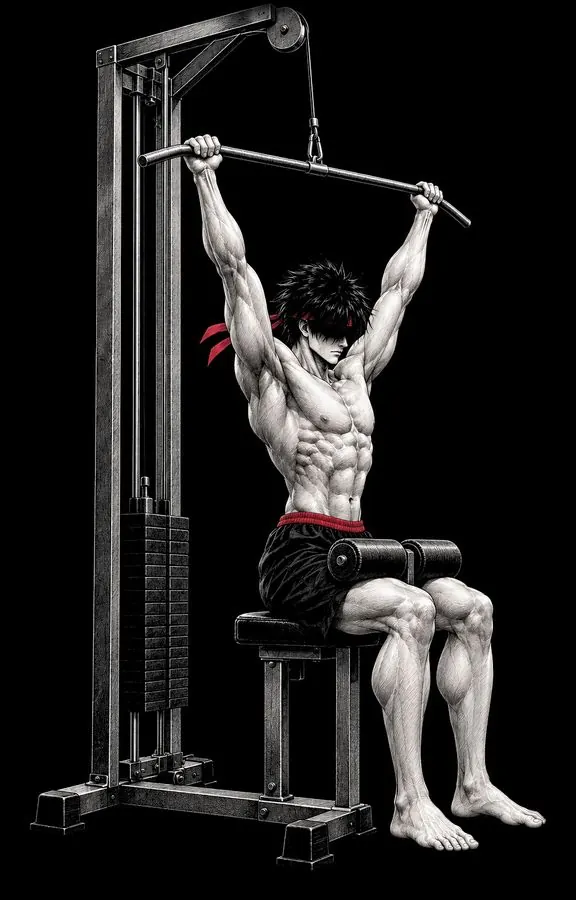 Ryu seated at a lat pulldown machine, arms stretched overhead on the bar