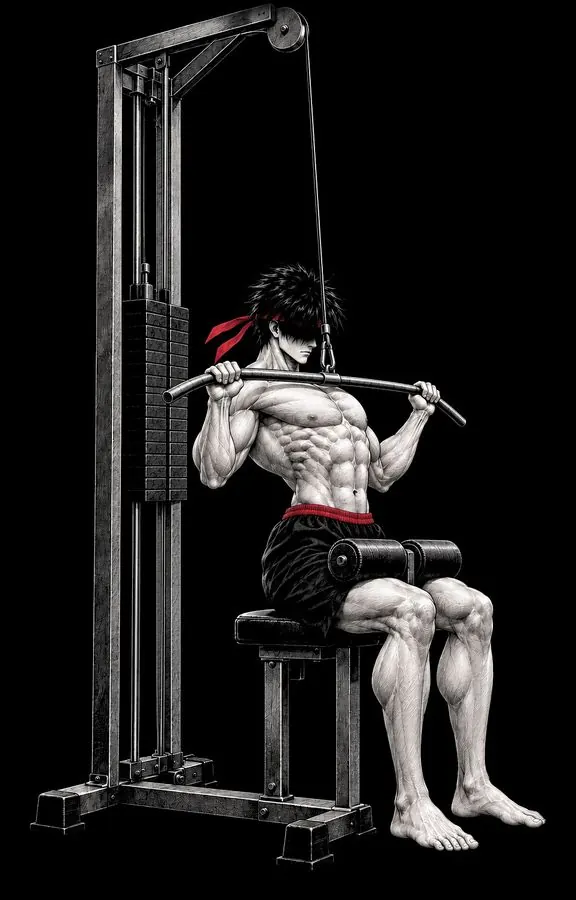 Ryu pulling the lat pulldown bar to his upper chest
