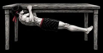 Ryu under a sturdy table, pulling his chest up to its edge