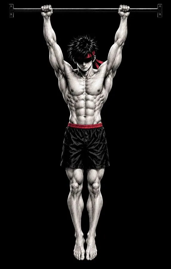 Ryu hanging from a pull-up bar with straight arms