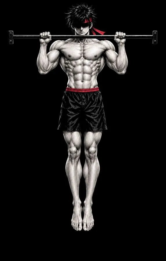 Ryu at the top of a pull-up, chin above the bar