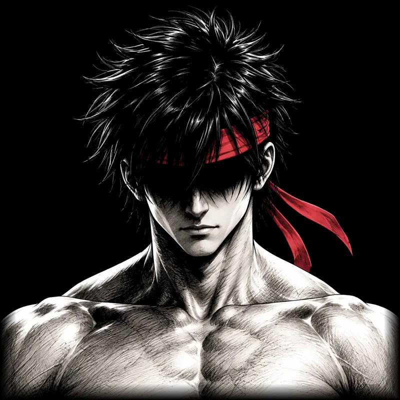 Close-up of Ryu, the Ryu Training manga character, crimson headband, eyes in the shadow of his hair