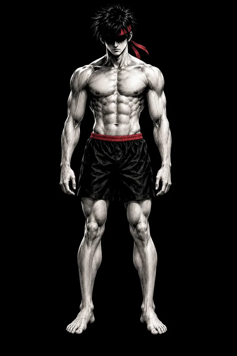 Ryu, the Ryu Training manga character: a lean, muscular young man in black shorts with a crimson headband, eyes hidden under his hair